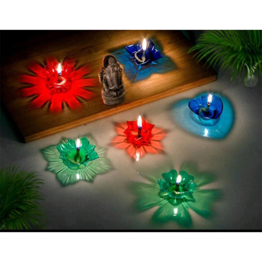 Transparent Diya Deepak 3D Reflection Combo - Colorful Reusable Decorative Oil Lamps for Diwali & Pooja