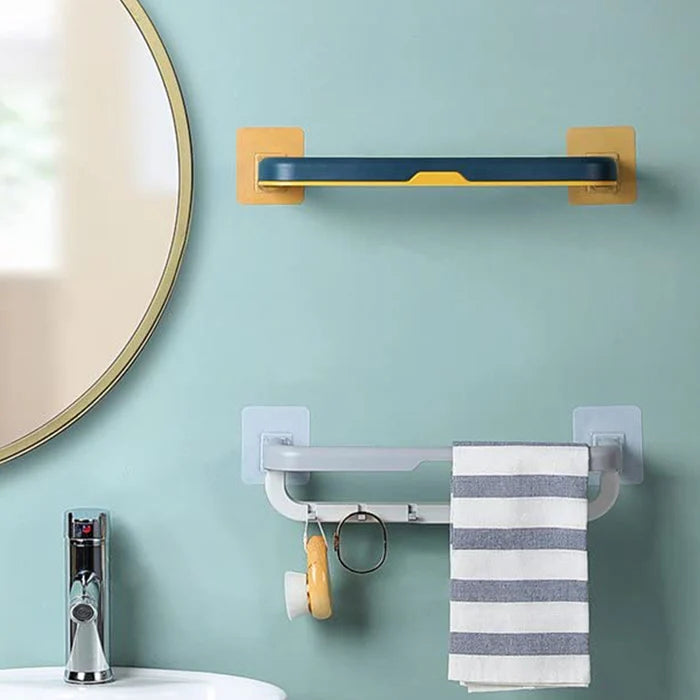 1515 Wall Mounted Double Bar Towel Holder with Hooks – Space-Saving Bathroom Organizer