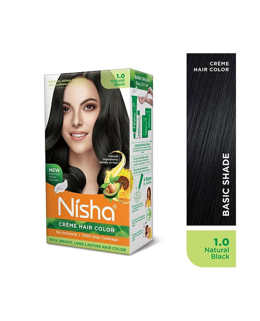 Nisha Crème Hair Color Box - Natural Black 1.0, Brown| Rich, Long-Lasting Color & Gentle Care.