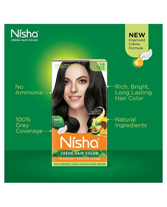 Nisha Crème Hair Color Box - Natural Black 1.0, Brown| Rich, Long-Lasting Color & Gentle Care.