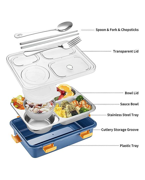 4 Compartment Stainless Steel Lunch Box with 2 Removable Containers | Durable & Leak-Proof