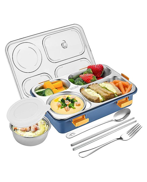 4 Compartment Stainless Steel Lunch Box with 2 Removable Containers | Durable & Leak-Proof