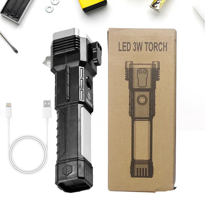 Portable 3W Rechargeable LED Torch Flashlight – Long Beam Range with Hammer, Strong Magnets & Window Cutter