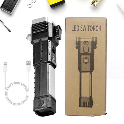 Portable 3W Rechargeable LED Torch Flashlight – Long Beam Range with Hammer, Strong Magnets & Window Cutter