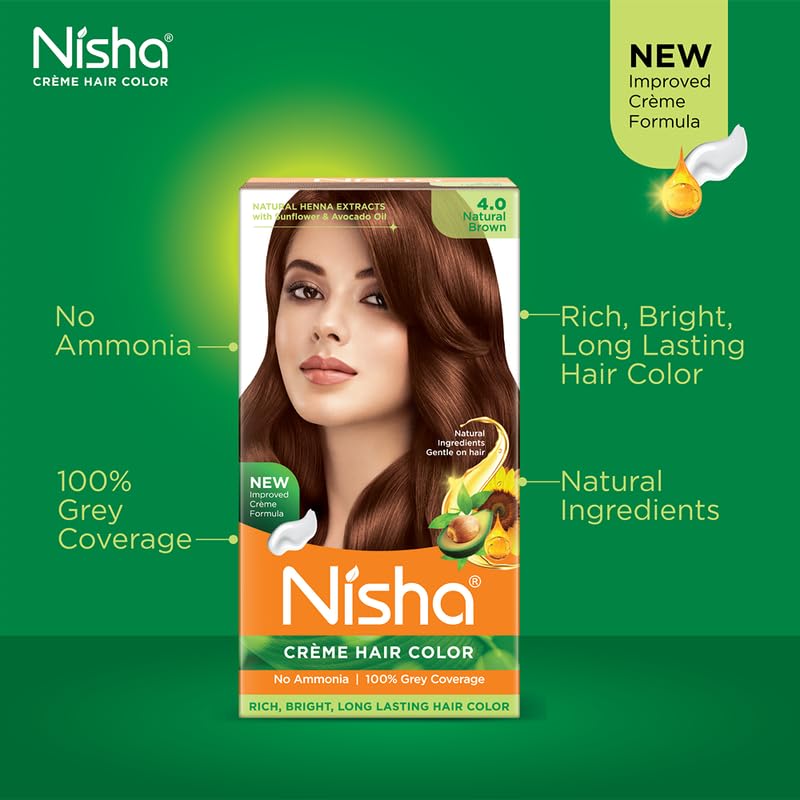 Nisha Crème Hair Color Box - Natural Black 1.0, Brown| Rich, Long-Lasting Color & Gentle Care.