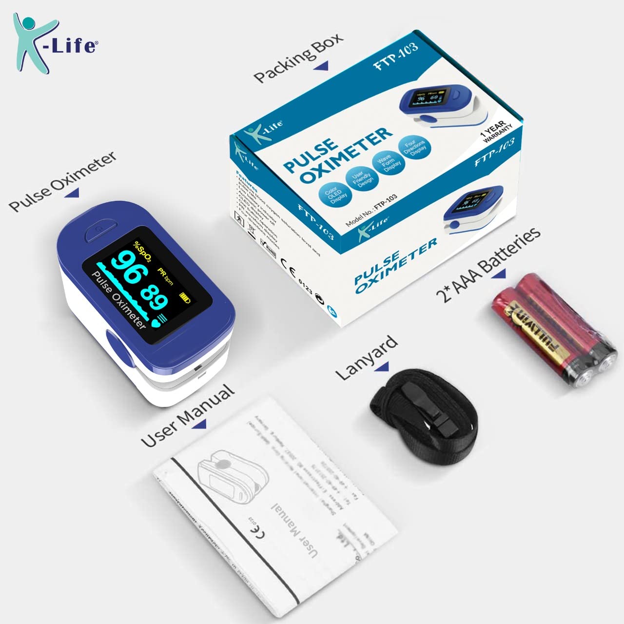 K-Life FTP-103 Finger Tip Pulse Oximeter: Accurate SpO2 and Pulse Rate Monitor for Adults (Blue)