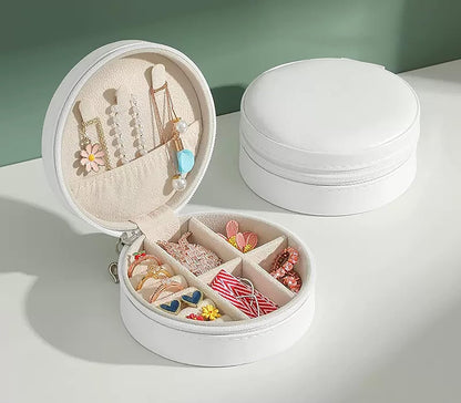 YKXIMS Mini Round Jewelry Box Organizer: PU Leather Zipper Portable Storage for Accessories Perfect Gift for Girls & Women
