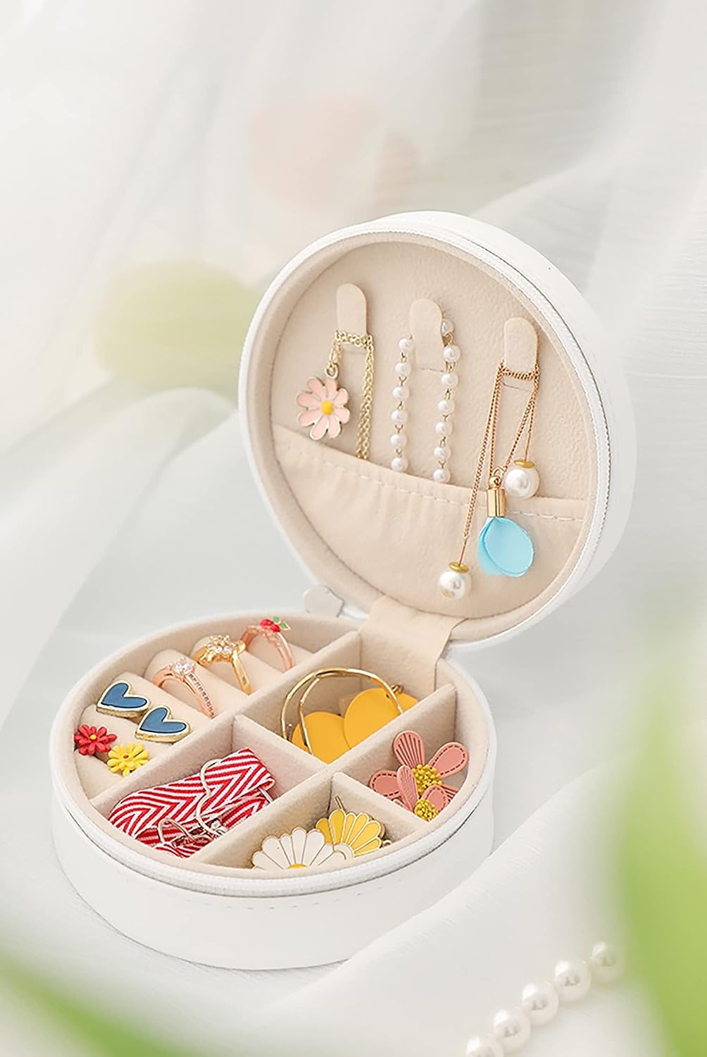 YKXIMS Mini Round Jewelry Box Organizer: PU Leather Zipper Portable Storage for Accessories Perfect Gift for Girls & Women