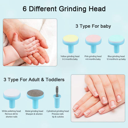 RIGHTWELL Electric Baby Nail Clipper: Safe & Quiet Nail Trimmer with LED Light and 6 Grinding Heads for Newborns and Toddlers