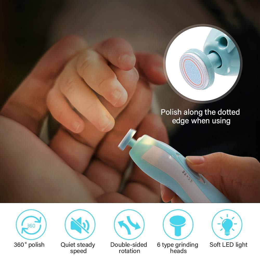 RIGHTWELL Electric Baby Nail Clipper: Safe & Quiet Nail Trimmer with LED Light and 6 Grinding Heads for Newborns and Toddlers