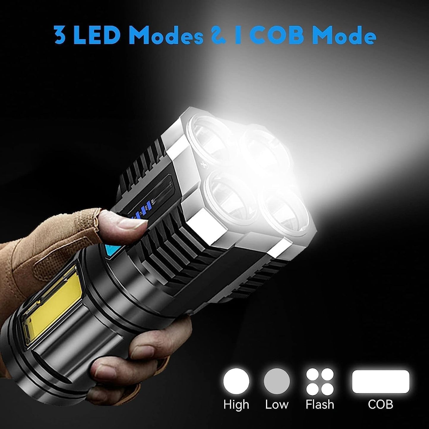 ROMINO 4 in 1 Rechargeable LED Torch Light: High Power Flashlight with 4 Modes for Outdoor and Indoor Use