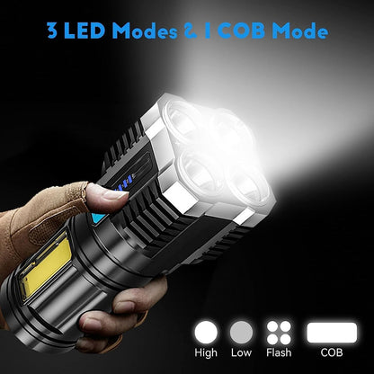 ROMINO 4 in 1 Rechargeable LED Torch Light: High Power Flashlight with 4 Modes for Outdoor and Indoor Use