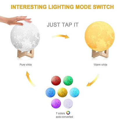 3D Moon Lamp 7-Color Touch Night Light – 15cm Sensor Moonlight Lamp with Stand & USB