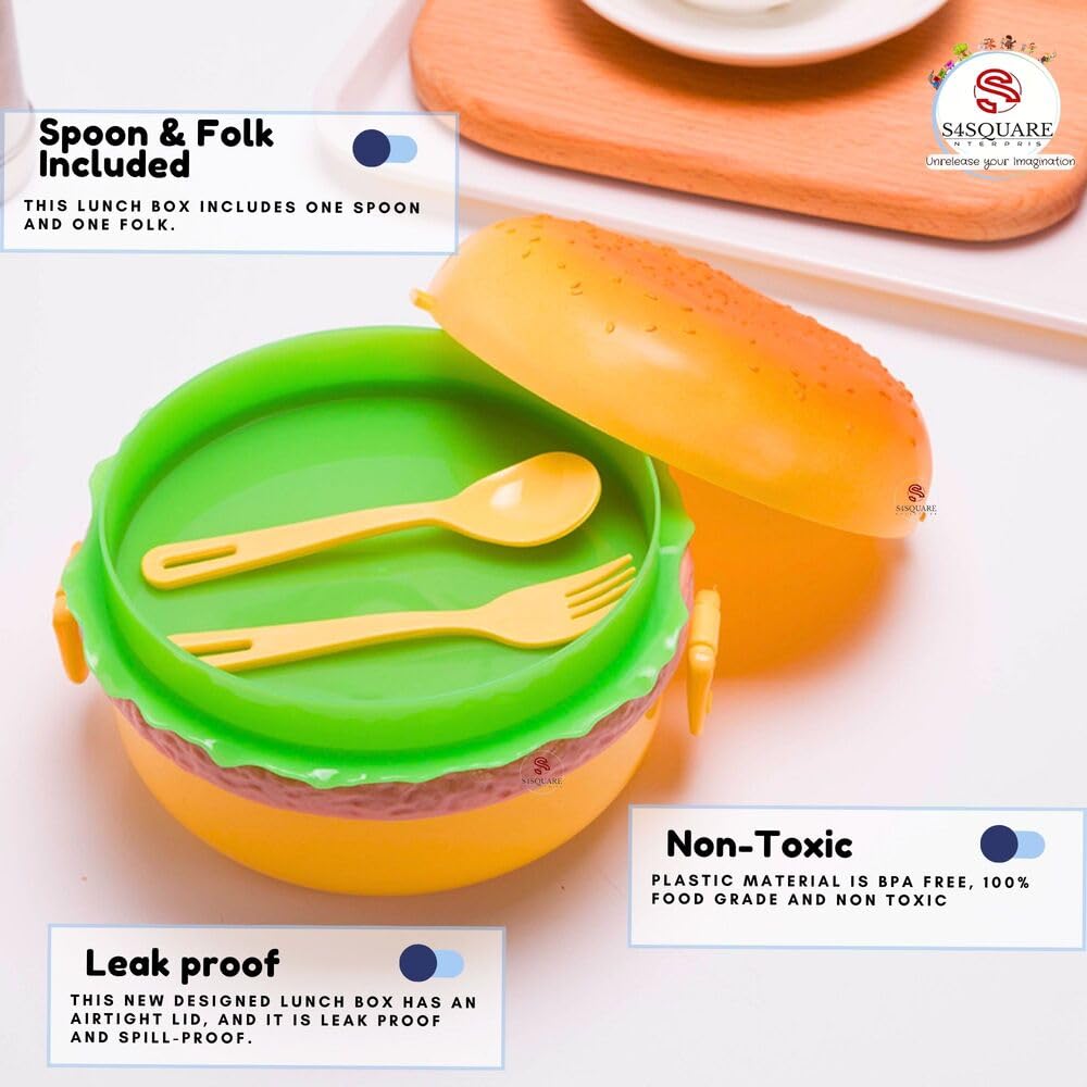 S4Square Leak-Proof 3-Tier Burger Shape Lunch Box | Fun & Durable Tiffin for Kids.