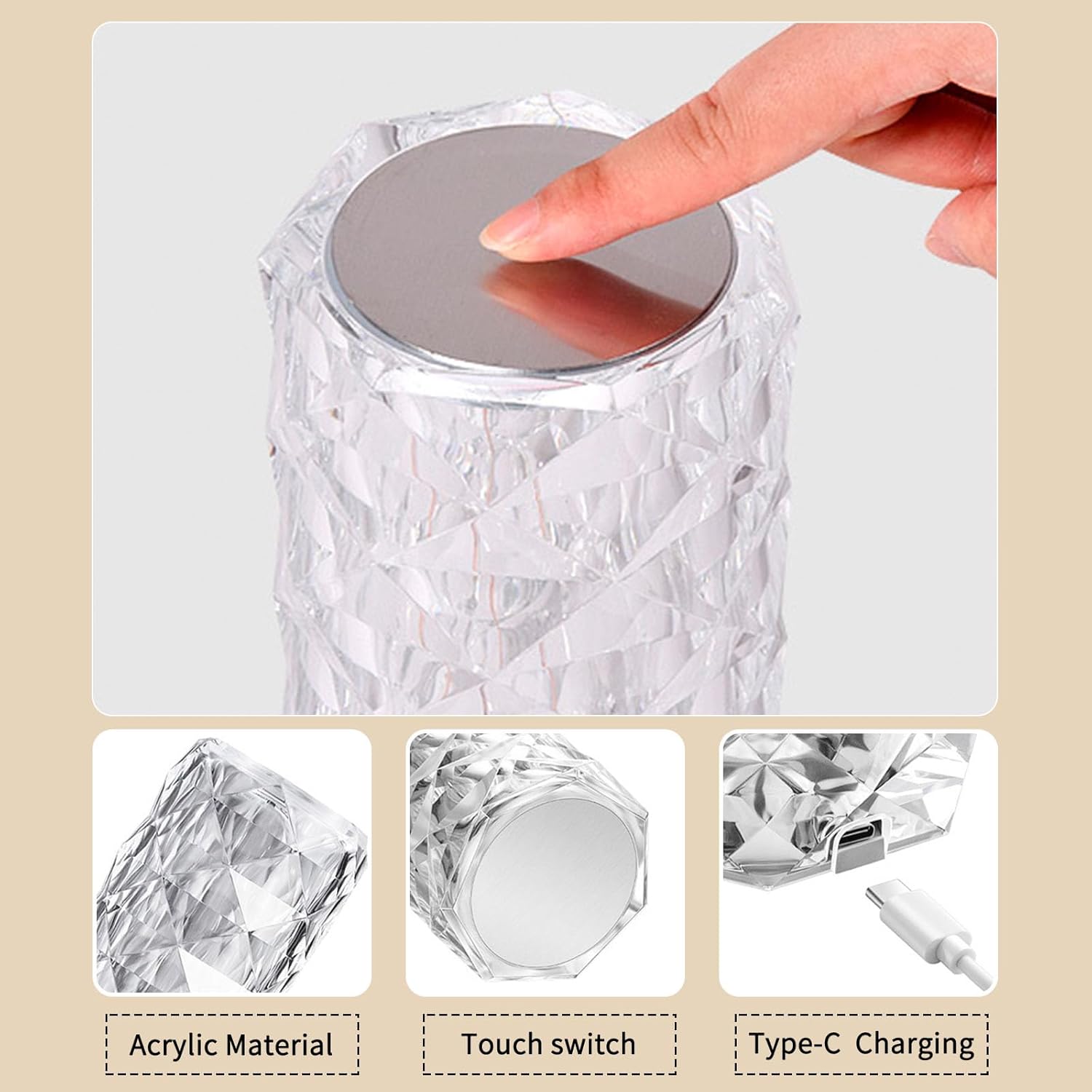 Crystal Rose Diamond Touch Lamp,16-Color Rechargeable Night Light Remote Control