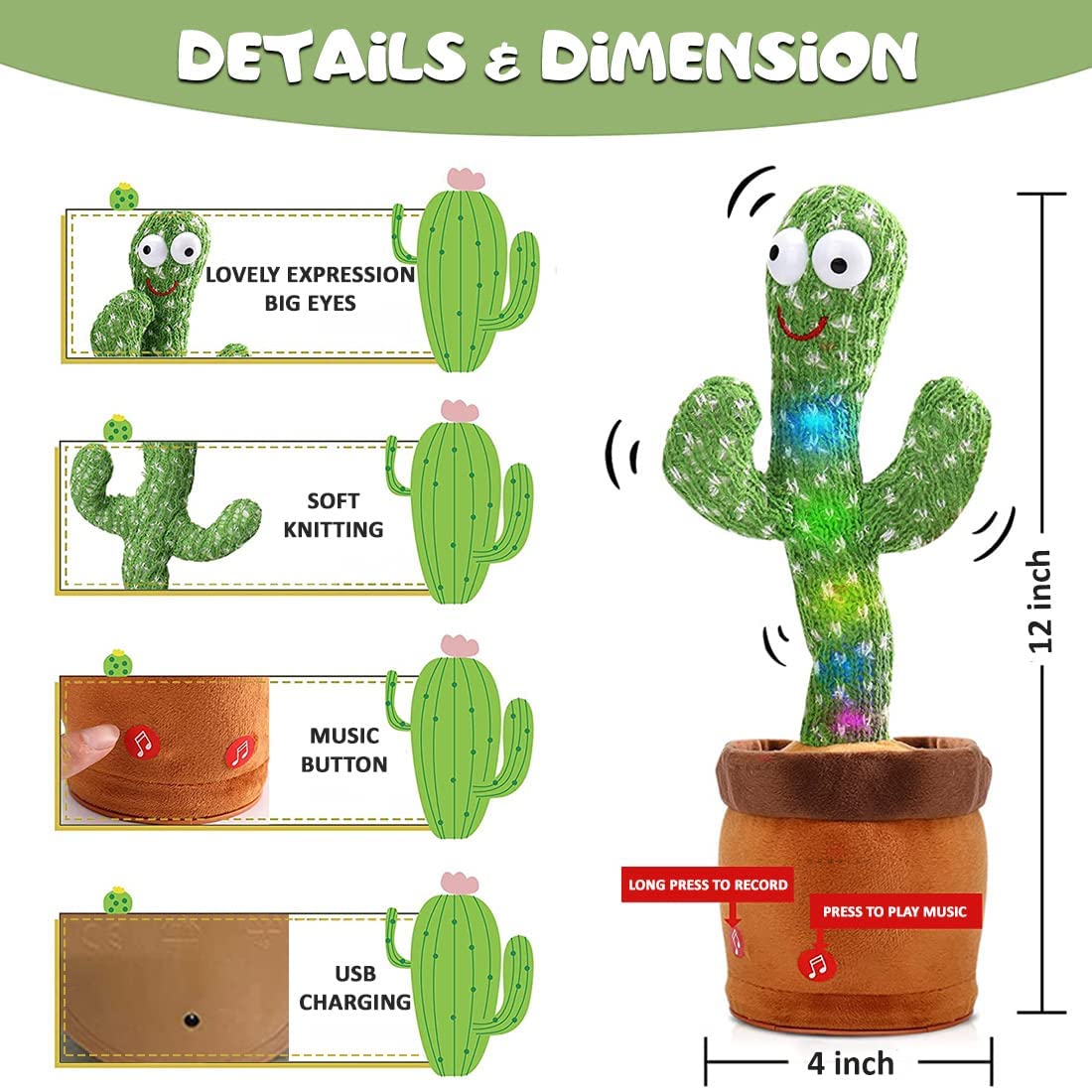 SUPER TOY Dancing Cactus Talking Plush | Singing, Recording & Light-Up Interactive Toy for Toddlers