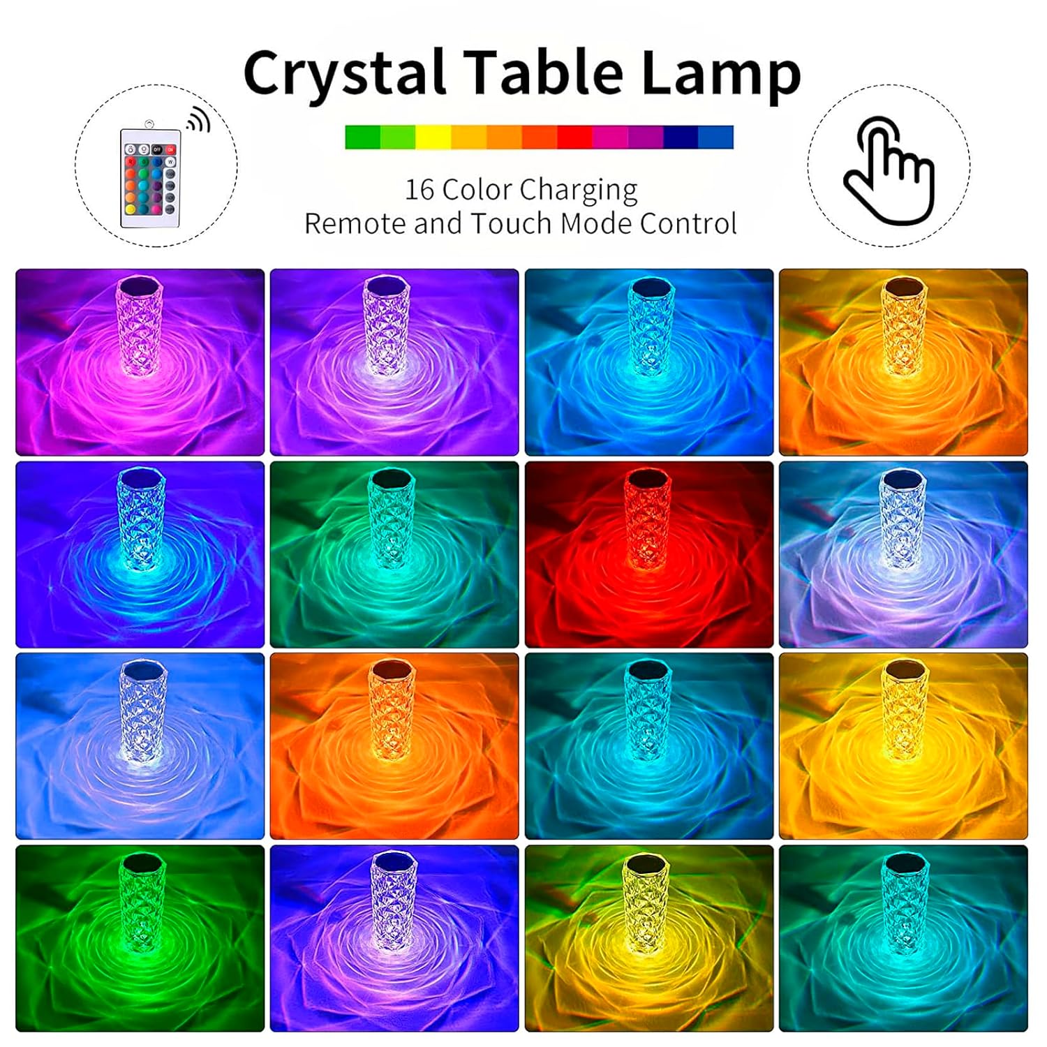 Crystal Rose Diamond Touch Lamp,16-Color Rechargeable Night Light Remote Control