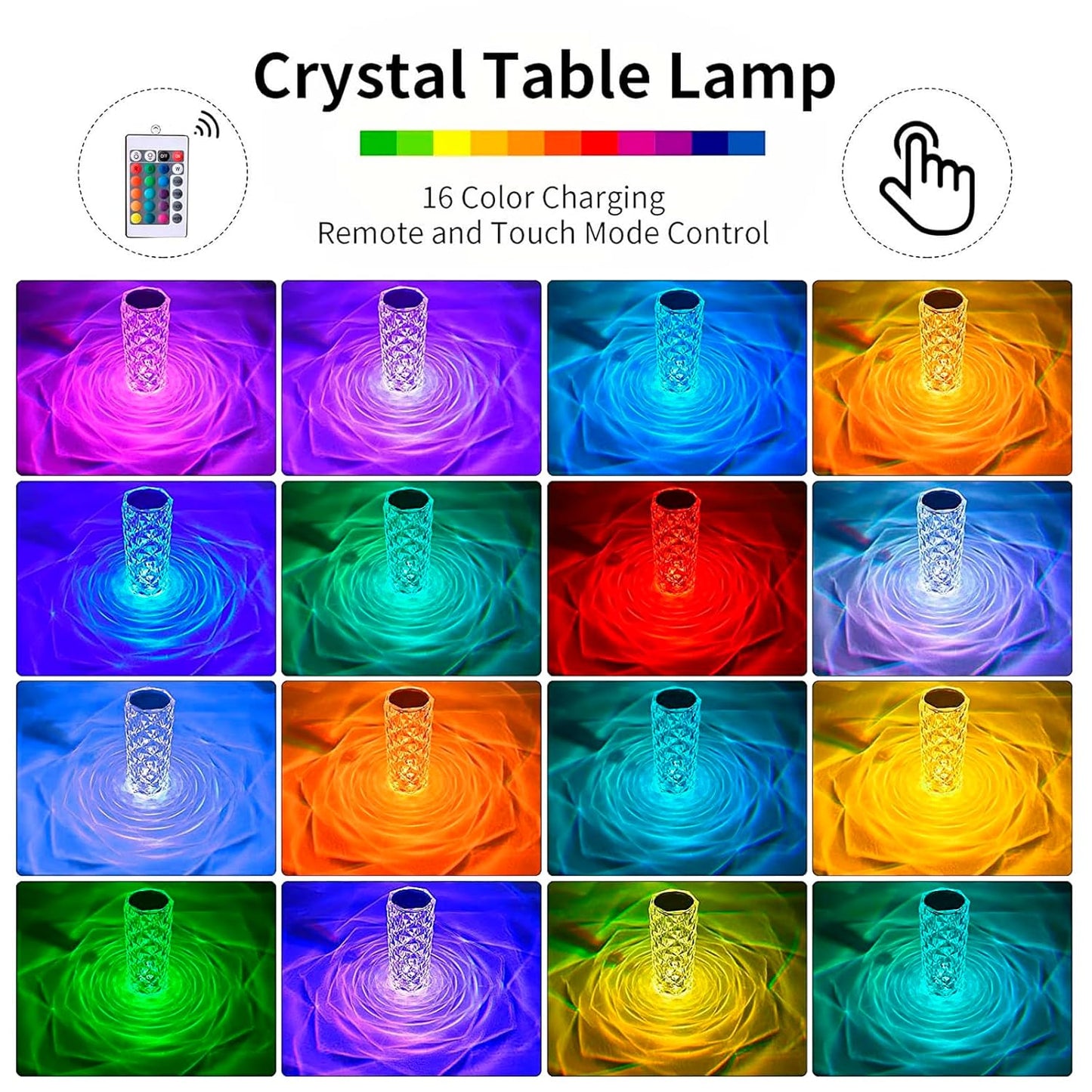 Crystal Rose Diamond Touch Lamp | 16-Color Rechargeable Night Light with Remote Control