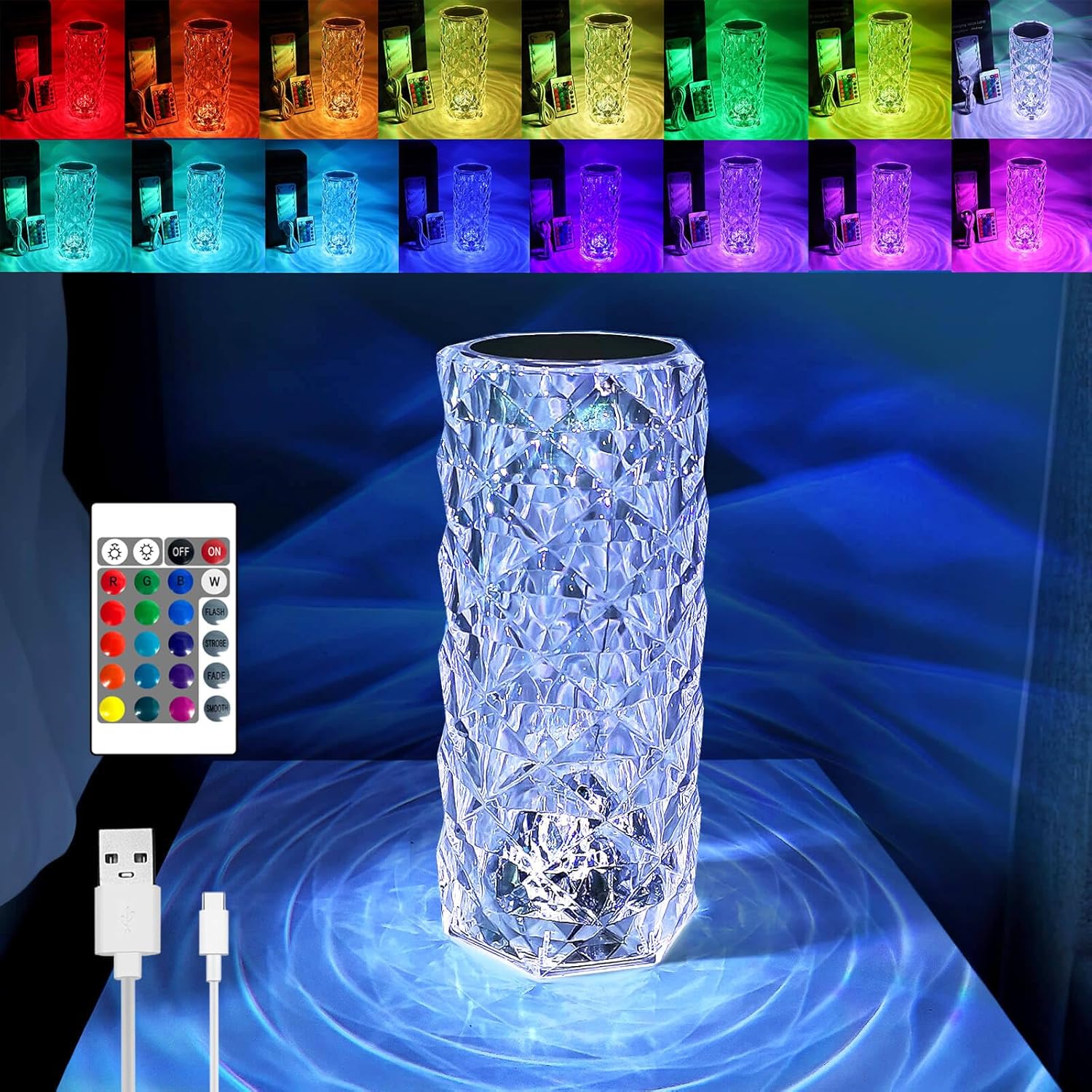 Crystal Rose Diamond Touch Lamp,16-Color Rechargeable Night Light Remote Control