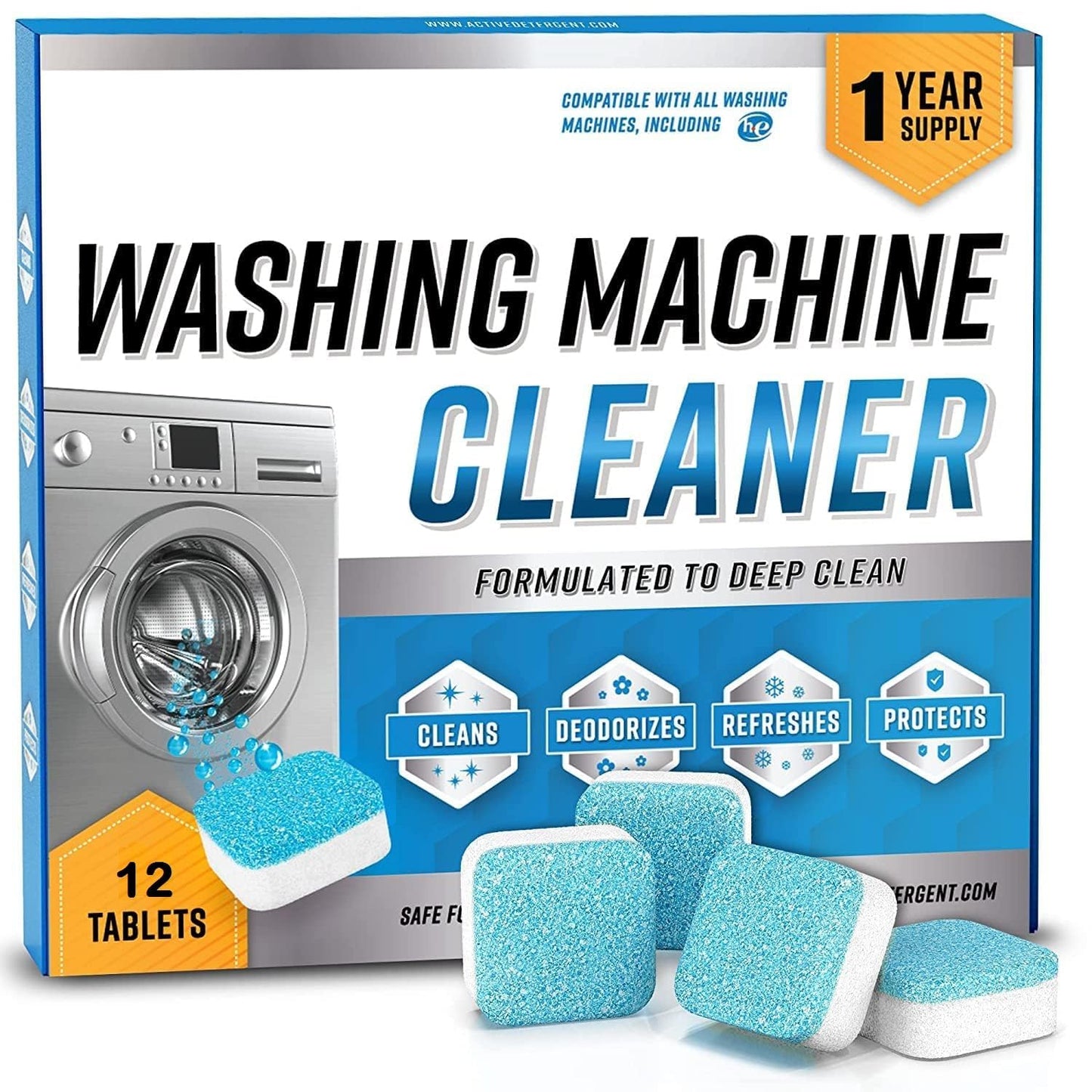 Qortni Washing Machine Cleaner Descaler: Deep Cleaning Tablets for HE Front Loader & Top Load Washers (12 Count)