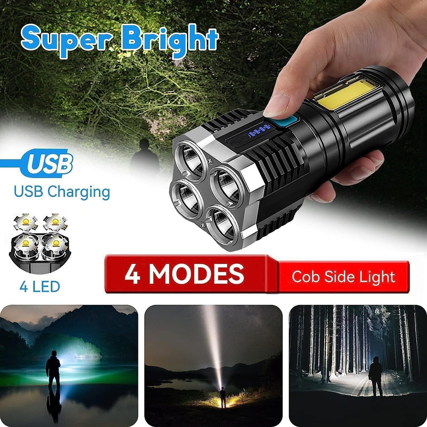 ROMINO 4 in 1 Rechargeable LED Torch Light: High Power Flashlight with 4 Modes for Outdoor and Indoor Use