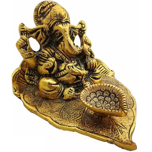 White Metal Golden Oxidized Ganesh Ji on Leaf with Diya - Diwali Decorative Gift Item
