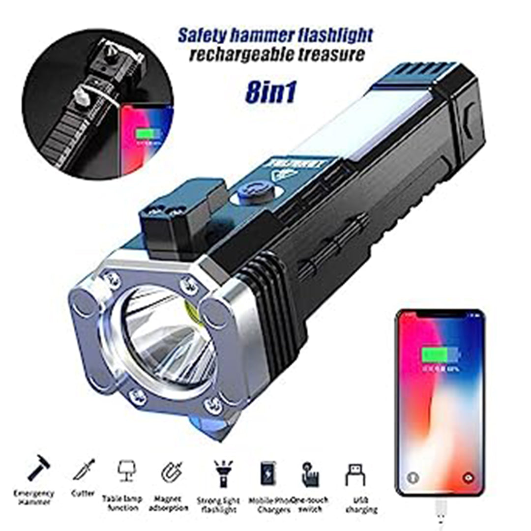 Portable 3W Rechargeable LED Torch Flashlight – Long Beam Range with Hammer, Strong Magnets & Window Cutter