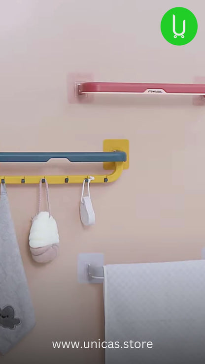 1515 Wall Mounted Double Bar Towel Holder with Hooks – Space-Saving Bathroom Organizer