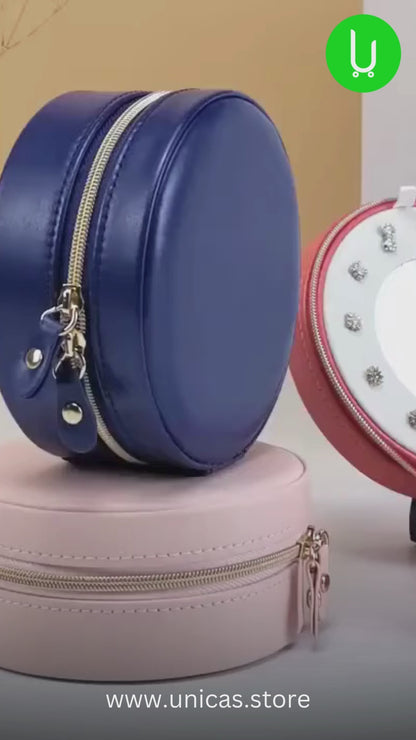 YKXIMS Mini Round Jewelry Box Organizer: PU Leather Zipper Portable Storage for Accessories Perfect Gift for Girls & Women