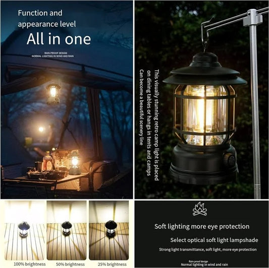 Rechargeable LED Camping Light – Black Metal & Plastic Hanging Lantern