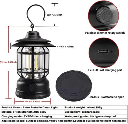 Rechargeable LED Camping Light – Black Metal & Plastic Hanging Lantern